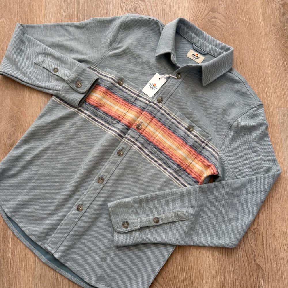Marine Layer Pacifica Stretch Twill Shirt Mens Medium Blue Multi Stripe NWT